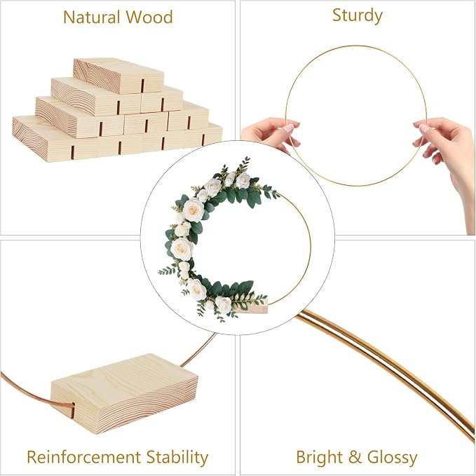 OurWarm 12Pcs 12 Inch Floral Hoop Centerpiece with Stand for Table, Metal Center Pieces with Wood Base Gold Circle Centerpieces for Wedding Reception, DIY Table Centerpieces, Wall Hanging Crafts