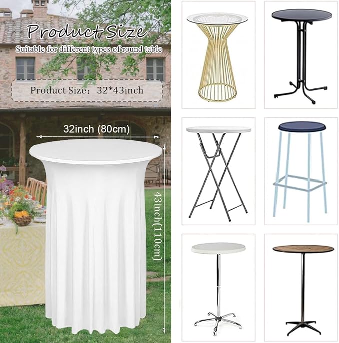 Albassa 4 Pack Cocktail Table Covers 32"x 43" Spandex Stretch Round Cocktail Tablecloths with Wavy Drapes Fitted High Top Bar Table Skirt for Wedding Party Banquet (White, 4 PCS)
