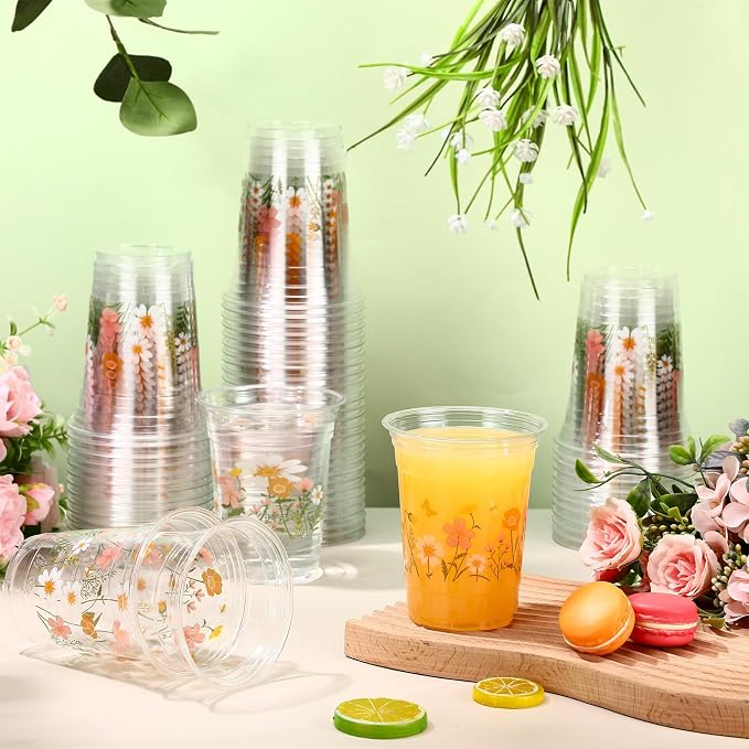 Hushee Boho Wildflower 60 Pcs Party Cups 16 oz Plastic Disposable Drinking Cups for Birthday Love Baby in Bloom Baby Shower Summer Fresh off The Market Bridal Shower Decorations Supplies