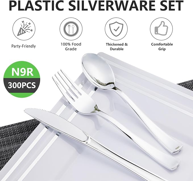N9R 300PCS Silver Plastic Silverware Set, 100 Forks, 100 Spoons, 100 Knives, Heavy Duty Disposable Cutlery for Parties, Fancy Disposable Flatware for Weddings, and Daily Use