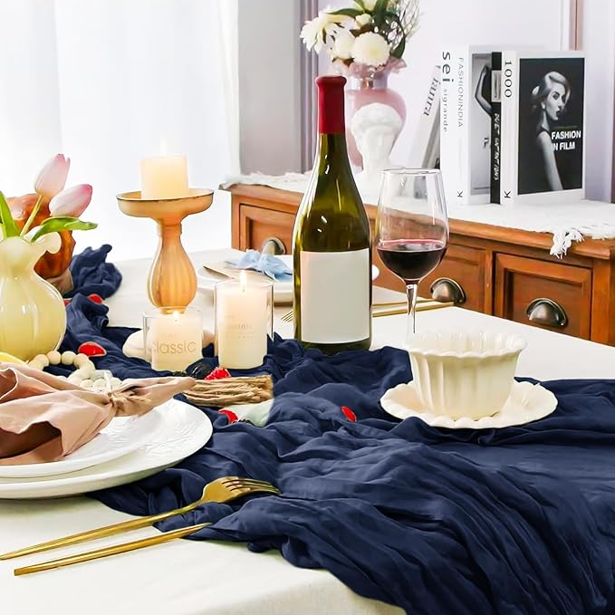 12 Pack Navy Blue Cheesecloth Table Runner, 10FT Cheesecloth Rustic Boho Table Runner Long Romantic Semi Sheer Table Runner for Wedding Birthday Bridal Shower Party Decorations(21.5×120 Inch)