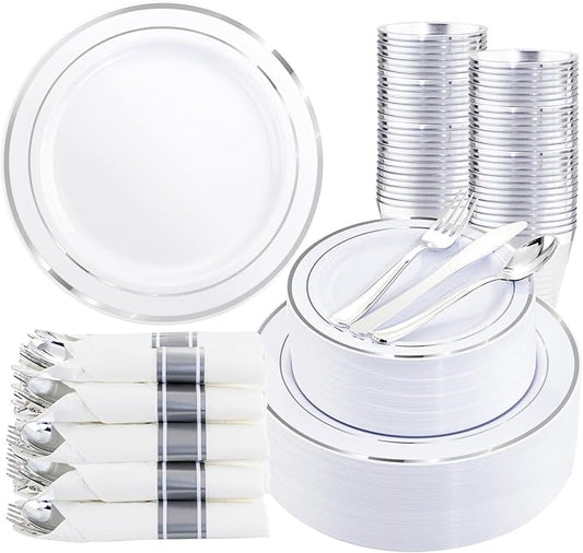 WDF Partyware 350Piece Silver Plastic Dinnerware Set for 50 Guests - Silver Plastic Plates with Cutlery Include:50Dinner Plates-50Dessert Plates-50Pre Rolled Napkins with Silverware Party Wedding