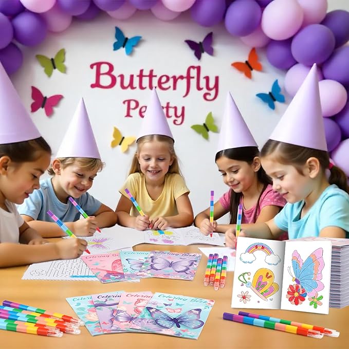 BenLouis 24 Butterfly Mini Coloring Books Kids with 24 Stacking Crayons Butterfly Theme Party Favors Activity Books Bulk for Kids Spring Fairy Birthday Goodie Bag Gift Stuffer Classroom Reward