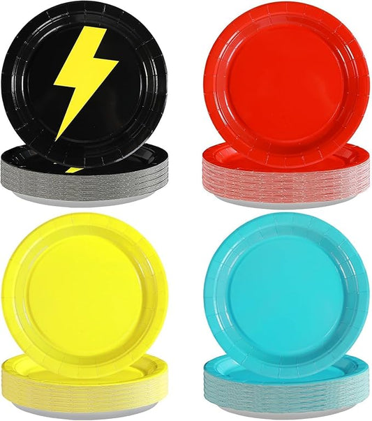 Grencian 60Pcs Red Black Yellow Party Plates 9" Disposable Cartoon Game Birthday Party Supplies with Lightning Cartoon Animated Paper Platters for Halloween Kids Birthday Baby Shower Party Decorations