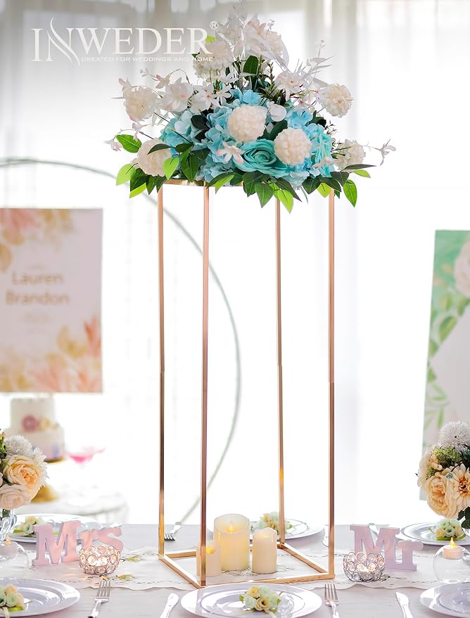 Gold Tall Stand for Wedding: 34.5in, With Metal Panel, Packs of 2 | Columnar Cube Shape, Easy to Assembly, Flowers Cakes Drinks Display Table Centerpieces for Wedding Party Event