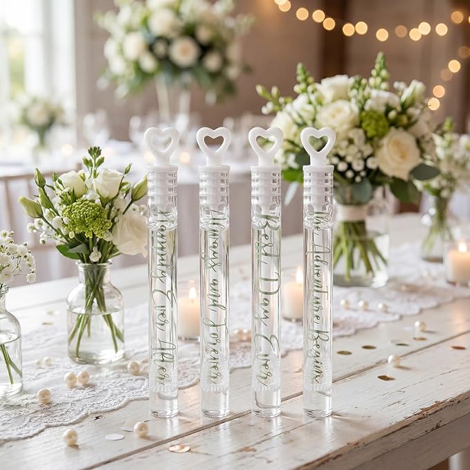 Hollowfly 120 Pack Sage Green Wedding Mini Bubble Wands for a Wedding Bulk White Heart Bubble for Guests Send Off Wand Adults Bridal Exit Shower Party Supplies Valentine Anniversaries Celebration