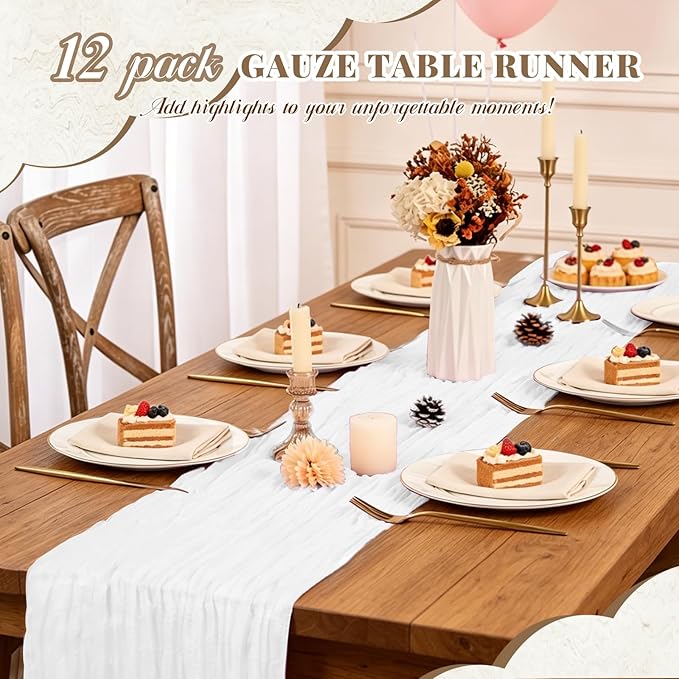 Pesonlook 12 Pack Cheesecloth Table Runner,White Table Runner Long Romantic Semi Sheer Rustic Boho Gauze Table Runners for Wedding Bridal Shower Birthday Party Decorations(17.7×108 Inch)