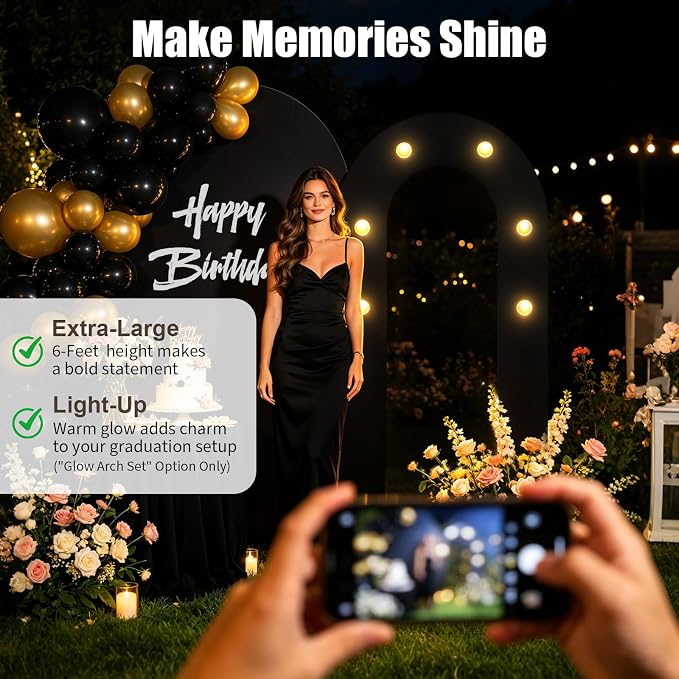 6FT Arch Backdrop with Stand Set, Lighted Arch Set, No-Tip Stability Glow Foam Board Photo Booth Background for Wedding Birthday Party Ceremony Baby Shower Banquet Decoration Reusable - Black