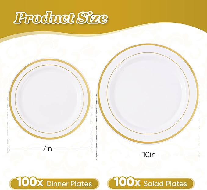 Fijinhom 200PCS Gold Plastic Plates, Disposable Plates with 100PCS 10" Dinner Plates & 100PCS 7" Dessert Plates for 100 Guests, Plastic Party Plates for Wedding, Birthday, Gold