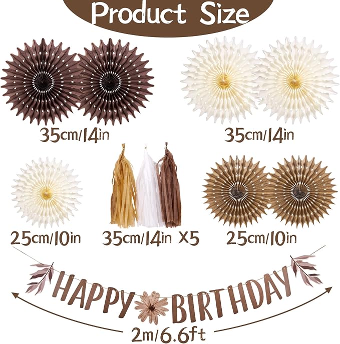 Brown Birthday Party Decorations for Women Neutral Boho Happy Banner Banner Brown Cream Honeycomb Paper Fans Hanging Tassel Garland Rustic Wedding Baby Shower Western Cowboy Party Supplies