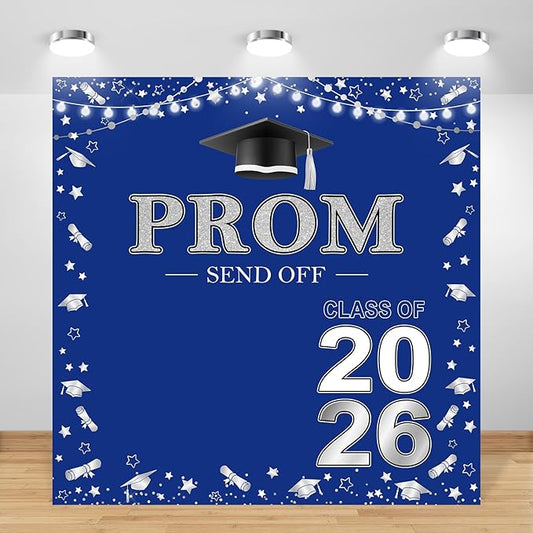 Prom 2026 Backdrop 8x8ft Blue Silver Graduation Prom Photography Background Silver Blue Class of 2026 Graduations Congrats Grad Party Send Off Banner Photo Studio Props (8x8ft)