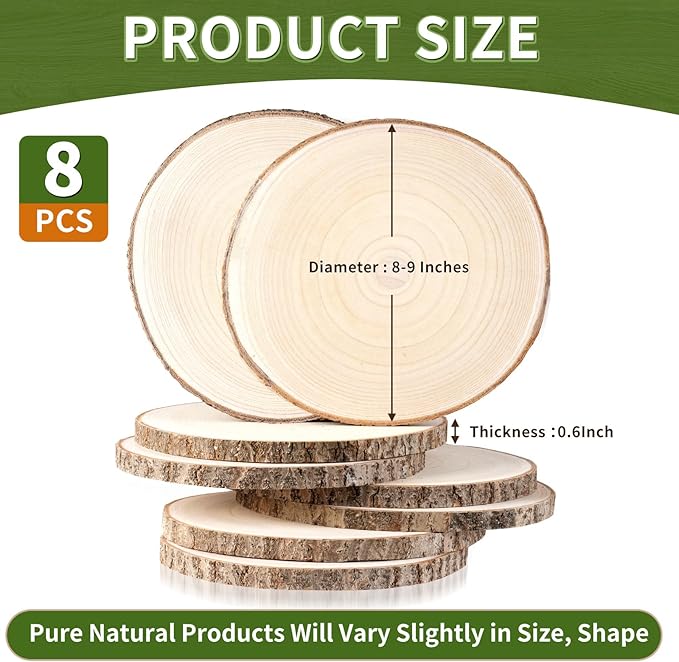 Wood Slices Unfinished 8 Pcs Wood Rounds 8-9 Inches Wood Slices for Centerpieces,Tables,Crafts,Wedding Party Holiday Decor DIY Projects