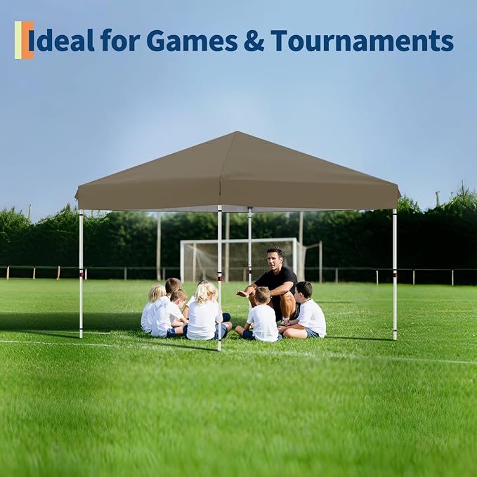 GarveeLife 10x10 Pop Up Canopy with One Sidewalls - Easy Up Camping Tent with One Button Push Setup - 1 Roller Bag, 3 Adjustable Height, 4 Weight Bags for Deck, Garden, Sports, Beach, Party - Brown