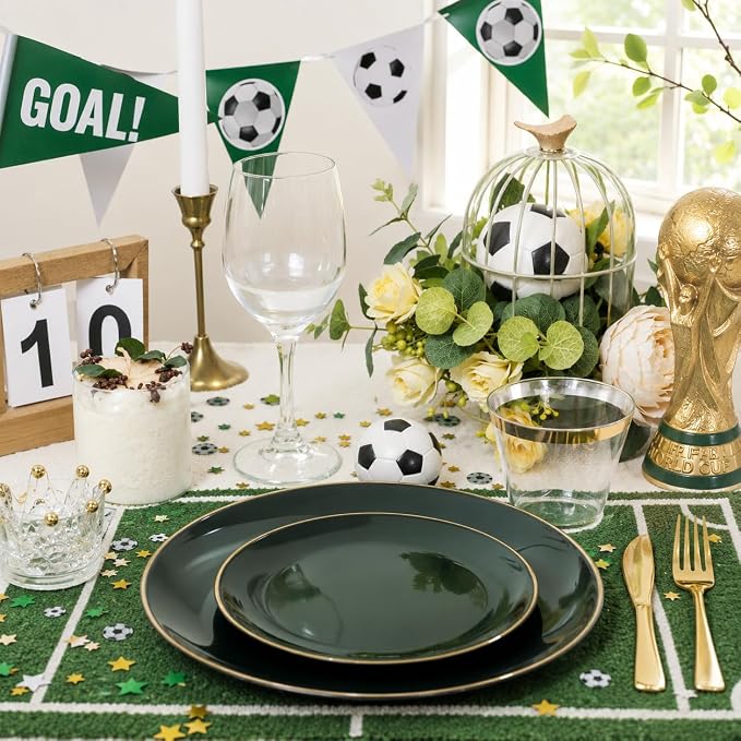 WDF 150Pcs Green Plastic Plates - Green Plates Disposable with Gold Rim - 25Guest Disposable Dinnerware Include 50 Plastic Plate 75 Gold Cutlery 25 9oz Cups for Wedding/Party/Birthday/World Cup 2026