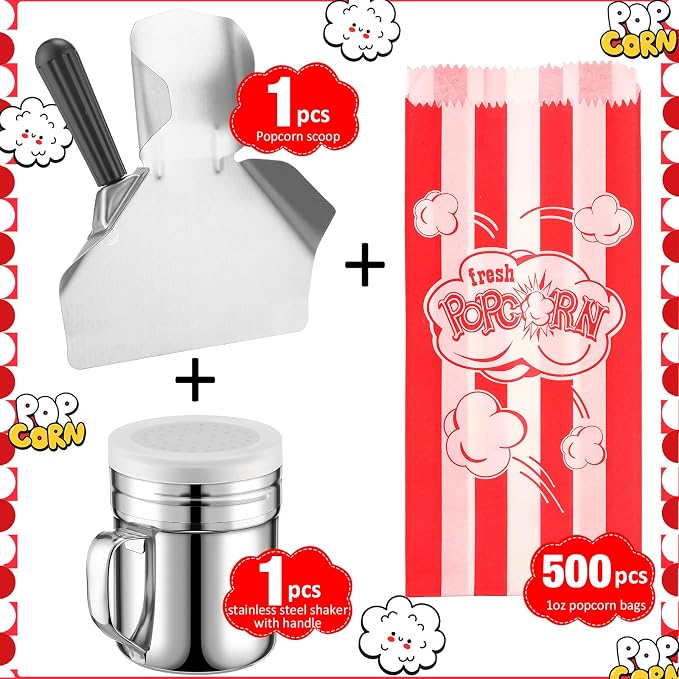 Potchen 502 Pieces Popcorn Machine Supplies Set Includes 500 Pcs 1oz Red and White Popcorn Bags Bundle Scoop and Stainless Steel Seasoning Dredge Salt Shaker for Party Movie Night Theater(Burst)