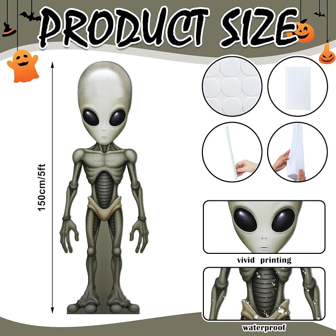 Amyhill 5 Feet Alien Cardboard Cutout Life Size Alien Birthday Party Decoration UFO Spaceship Photo Props Standup Backdrop for Sci-fi Themed Movie Night Party Decor