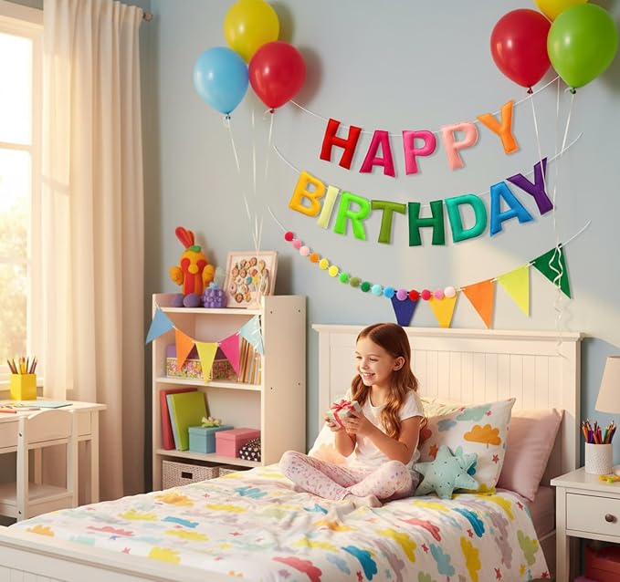 3D Happy Birthday Banner Set – Pre-Strung Reusable Rainbow Happy Birthday Decorations with Felt Ball Garland, Triangle Flag Bunting & Colorful Circle Hanging Banner for Wall Window Garden Party Supply