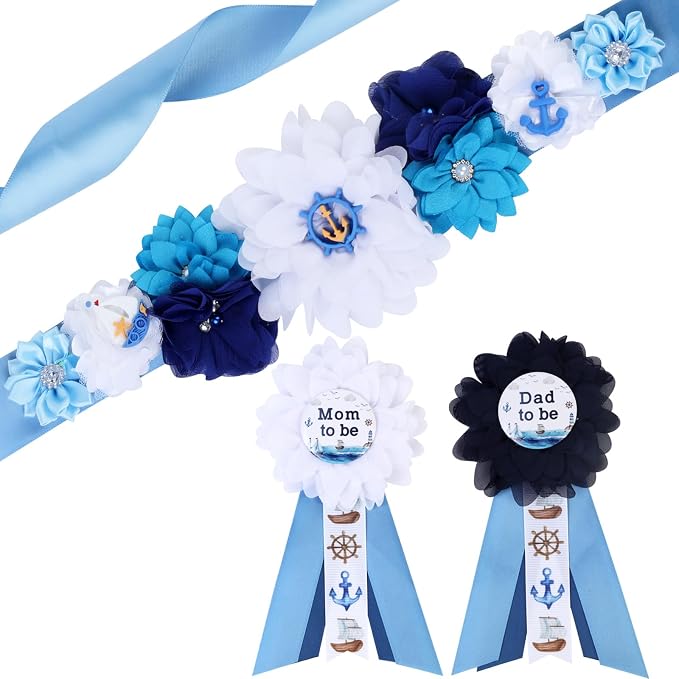 Nautical Baby Shower Maternity Sash Kit - Blue Ahoy NauticalmBaby Shower Belly Belt and Mom to Be & Dad to Be Corsage Pins, Pregnancy New Parents Photo Props Ocean Theme Party Supplies