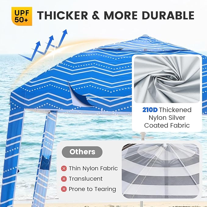 Zeraty Beach Cabana 8'×8', Portable Beach Canopy with Side Wall, UPF 50+ Silver-Coated B Each Tent Sun Shelter Easy Pop Up, Wind Resistant Adjustable Height B Each Umbrella Tent for Family, Boho Blue