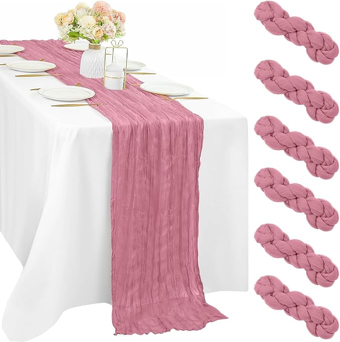Dusty Rose 6 Pcs Cheesecloth Table Runner 10FT Runner for Tables Gauze Fabric 35 x 120 Inches Long Boho Table Runner Decoration Rustic Sheer Runner for Wedding Birthday Baby Shower Party (Dusty Rose)