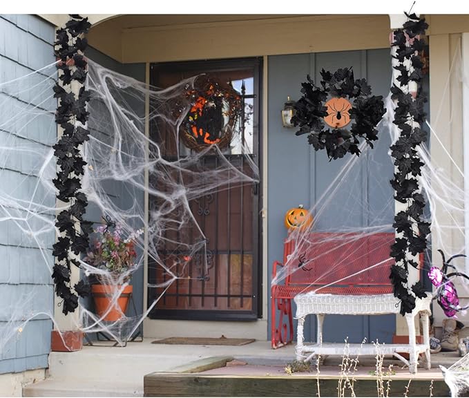 3 Pack Black Leaf Garland, Artificial Autumn Hanging Maple Leaves Vines Foliage Garland for Halloween Party Front Door Home Fireplace Decor (5.5Ft/Pack)
