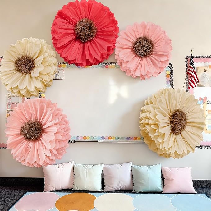 Chunful 5 Pcs 30'' 24'' Giant Fairy Tissue Paper Flowers Decor Crepe Large Colorful Hanging Tissue Paper Pom Poms Decor for Fairy Garden Birthday Bachelorette Wedding Baby Shower Bridal Shower Party