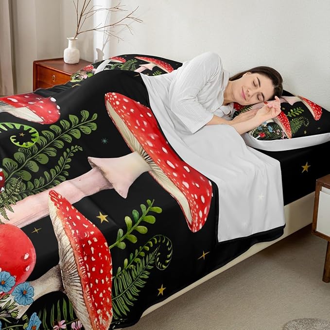 Castle Fairy Red Mushroom Bed Sheet Set for Kids,Magical Plant Snail Sheets Set,Jungle Botanical Home Decor Sheet Sets with Deep Pocket,Top Flat Sheet,1 Pillowcase,Twin Size