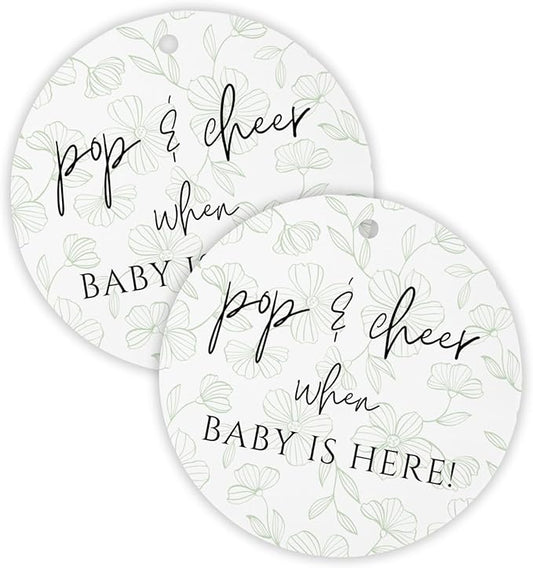 Pop and Cheer When Baby is Here Hang Tag | 30pk 2.5” Circle Greenery Eucalyptus Floral Girl Cards Stickers Modern Minimalist Champagne Tags