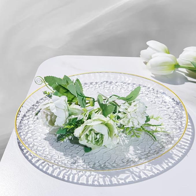 Hioasis 60pcs Clear Plastic Plates - Gold Rimmed Disposable, Hammered, Heavy-duty Dinnerware Set Suitable for 30 Guests, 10.25" Dinner & 7.5" Dessert Plates for Party & Wedding & Party