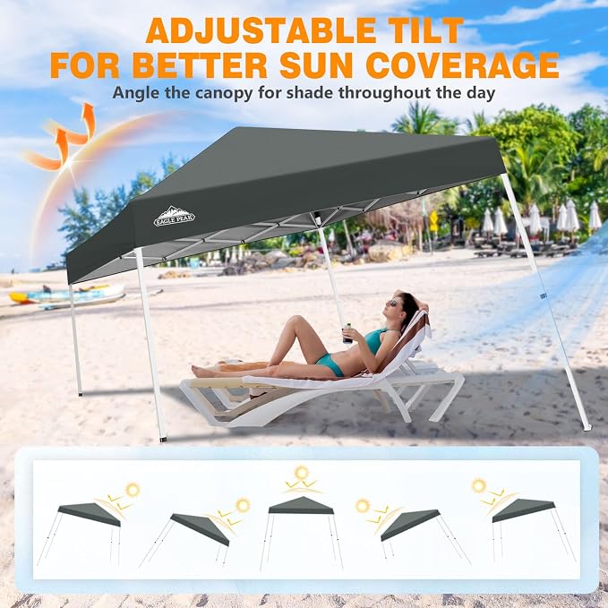 EAGLE PEAK 10x10 Slant Leg Pop-up Canopy Tent Easy One Person Setup Instant Outdoor Beach Canopy Folding Portable Sports Shelter 10x10 Base 8x8 Top (Gray)