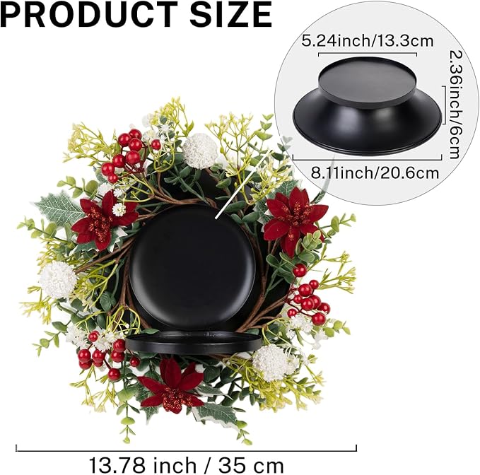 MOYEE Christmas Winter Centerpieces for Tables Candle Ring, Black Metal Candlestick with an Artificial Wreaths 14 in Versatile Dining Table Centerpiece Decor (White Ball Wreath)