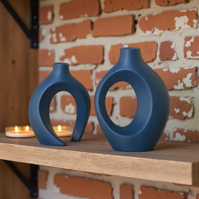 Lvases Snuggle Hollow Ceramic Flower Vase Set 2, 8.4" H Matte Navy Blue | Nordic Boho Home Decor Modern Aesthetic Ins Style Living Room Coffee Table Centerpieces Pampas Grass Decorative Display