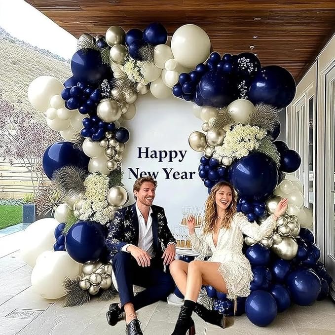 Navy Blue Balloon Garland Double Stuffed Pearl White Royal Blue Balloons Dark Navy Gold Balloon Arch Kit for Birthday Baby Shower Wedding Graduation Father's Day Party Decor