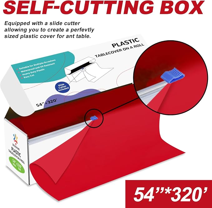 54IN X 320FT Plastic Table Cover Roll with Cutter Box, Cut to Size Plastic Table Cloths for Parties, Birthday, Disposable Tablecloth Roll for All Shape Tables (Red, 54 Inch X 320 Feet)