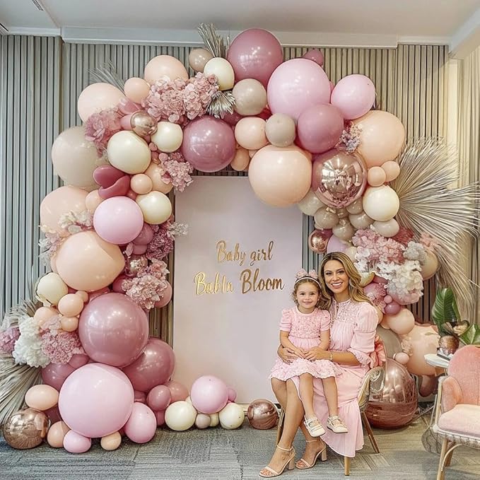 Dusty Pink Rose Balloon Garland Double Stuffed Mauve Light Pink Latex Blush Nude Beige Champagne Gold Balloon Arch Kit for Mothers Day Birthday Baby Shower Neutral Boho Wedding Party Decor