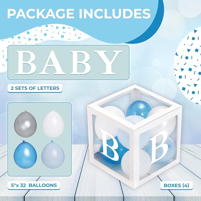 44-Piece Baby Shower Decorations for Boy or Girl - 4 Boxes with Letters and 32 Balloons - Classic White and Blue - Gender Reveal Party Supplies - Photo Shoot Backdrop Prop