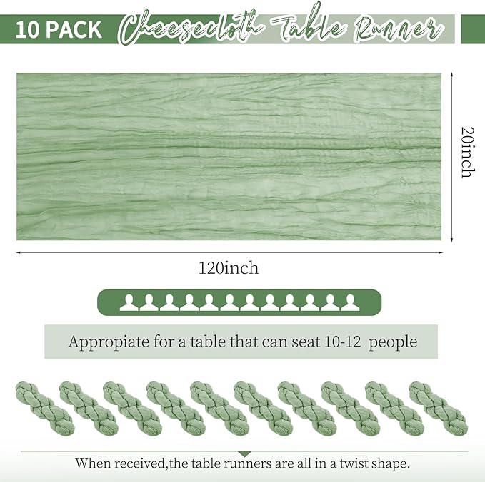 10 Pack Sage Green Table Runner 10Ft Cheesecloth Table Runner Boho Gauze Cheese Cloth Table Runners Romantic Long Sheer Fabric Table Runners for Wedding Party Bridal Shower