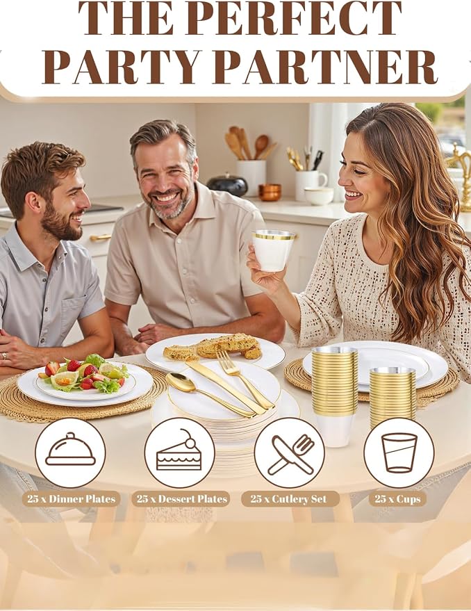 WDF 150Pcs White and Gold Plastic Plates - Gold Plates Disposable-25 Guest Disposable Dinnerware Include 25 Dinner Plate 25 Dessert Plate 25 Cutlery 25 9oz Cups for Wedding/Birthday/Thanksgiving