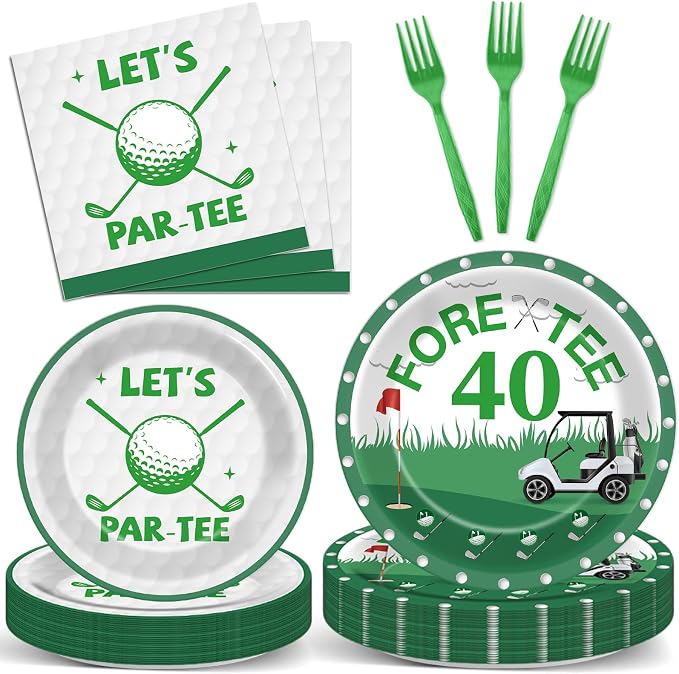 96Pcs Golf 40th Birthday Party Decorations Golf Theme Paper Plates and Napkins Let's Par-Tee 40th Birthday Tableware Fore-Tee Dinnerware Party Supplies for Men Women Sports Serves 24 Guests