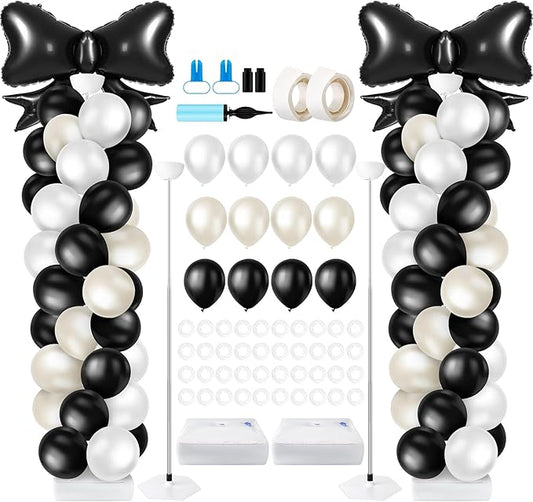 Kasyat 2 Sets Black Bow Balloon Column Stand Kit with 2 Black Bow Foil Balloons 100 Latex Balloons, Adjustable Stands Black and White Balloon Garland Arch for Bridal Princess Birthday Coquette Party