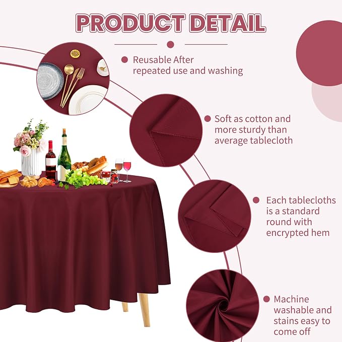 Pesonlook 12 Pack Round Tablecloth Burgundy Polyester 120 Inch Washable Fabric Round Table Cover Burgundy Tablecloth for Wedding/Party/Banquet/Dining/Buffet Table