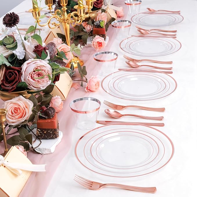 bUCLA 600PCS Clear Rose Gold Plastic Dinnerware Set Disposable - Include 100 Dinner Plates, 100 Dessert Plates, 100 Knives, 100 Forks, 100 Spoons, 100 Cups for Party, Wedding & Mother's Day