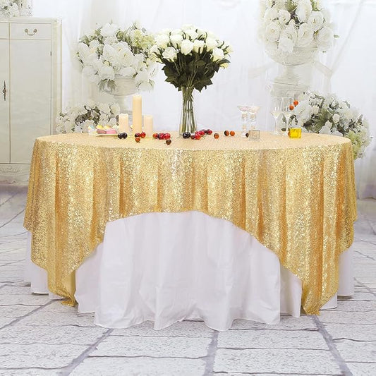 PartyDelight 90x90 Square Gold Sequin Tablecloth High-Density 3mm Stitched Sequins Shimmering Table Overlay for Large Square Dining Tables & Round Banquet Tables Decor for Weddings & Events