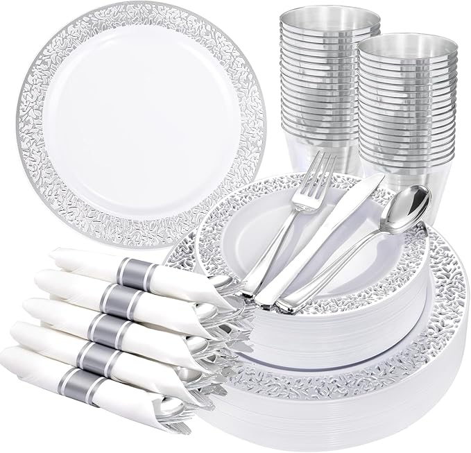 WELLIFE 175Pcs Silver Dinnerware Sets, Include:25 Dinner Plates, 25 Dessert Plates, 25 Paper Napkins, 25 Cups, 75 Silver Silverware Set for Party and Weddings