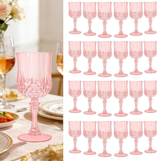 Teruntrue 24 Pcs Light Pink Plastic Wine Glasses Vintage Wine Glass for Parties Crystal Plastic Goblets Drinking Glasses Reusable Drinkware for Wedding, Valentine’s Day, Parties, Grand Event