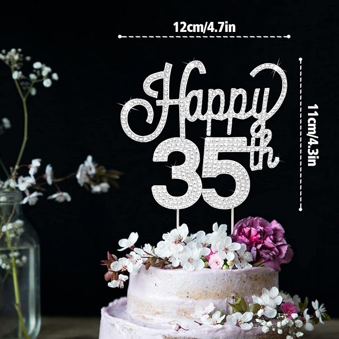 LINGTEER Happy 35th Birthday Silver Rhinestone Cake Topper - Cheers to 35th Birthday 35 Years Old Anniversary Party Cake Centerpieces Topper Decorations Gift Sign.