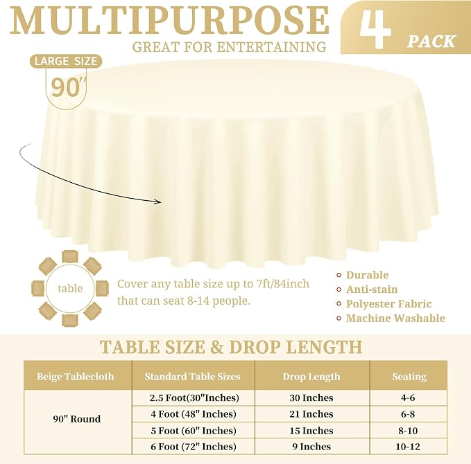 Showgeous 4 Pack Beige Round Tablecloth 90 Inch Table Cloth for Round Tables Polyester Tablecloths Table Cover for Dining Wedding Party