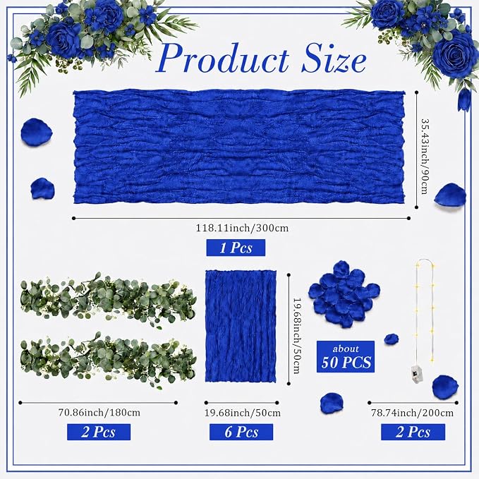 Cinrobiye 11PCS Boho Cheesecloth Table Runner Set with Rose Petals, 120'' Gauze Table Runner, Wrinkled Napkins, Eucalyptus Garland and String Lights for Wedding Baby Shower Tea Party Decorations