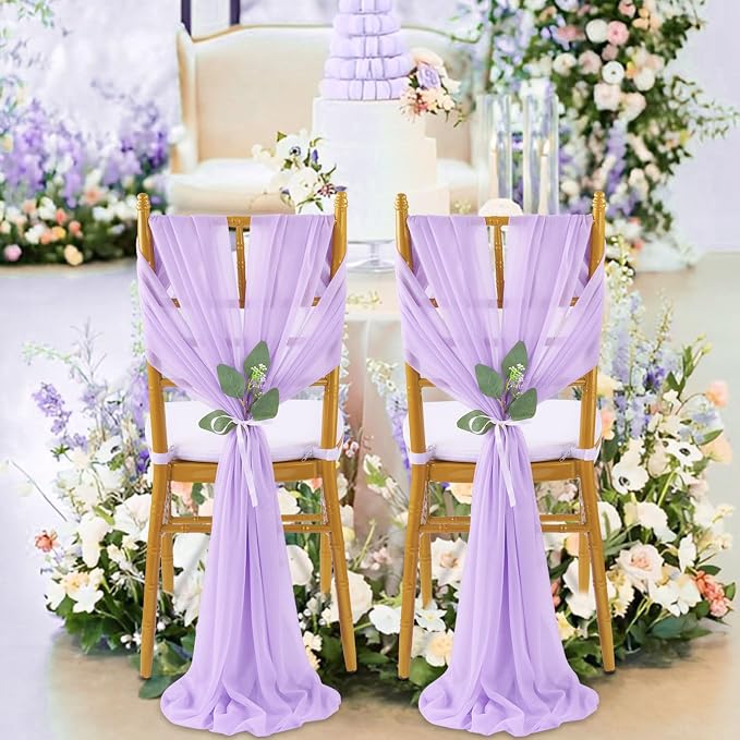 QueenDream Light Purple Wedding Chair Sashes 16 Pieces Wedding Aisle Chair Decorations Long Sheer Church Draping Fabric Chair Covers Bulk with Artificial Eucalyptus