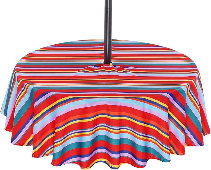 Poise3EHome Round Outdoor Tablecloth with Umbrella Hole and Zipper,Stripe 70 Inch,Polyester SpillProof Washable Table Cloth for Spring Summer Patio Garden Poolside Picnic Camping BBQS